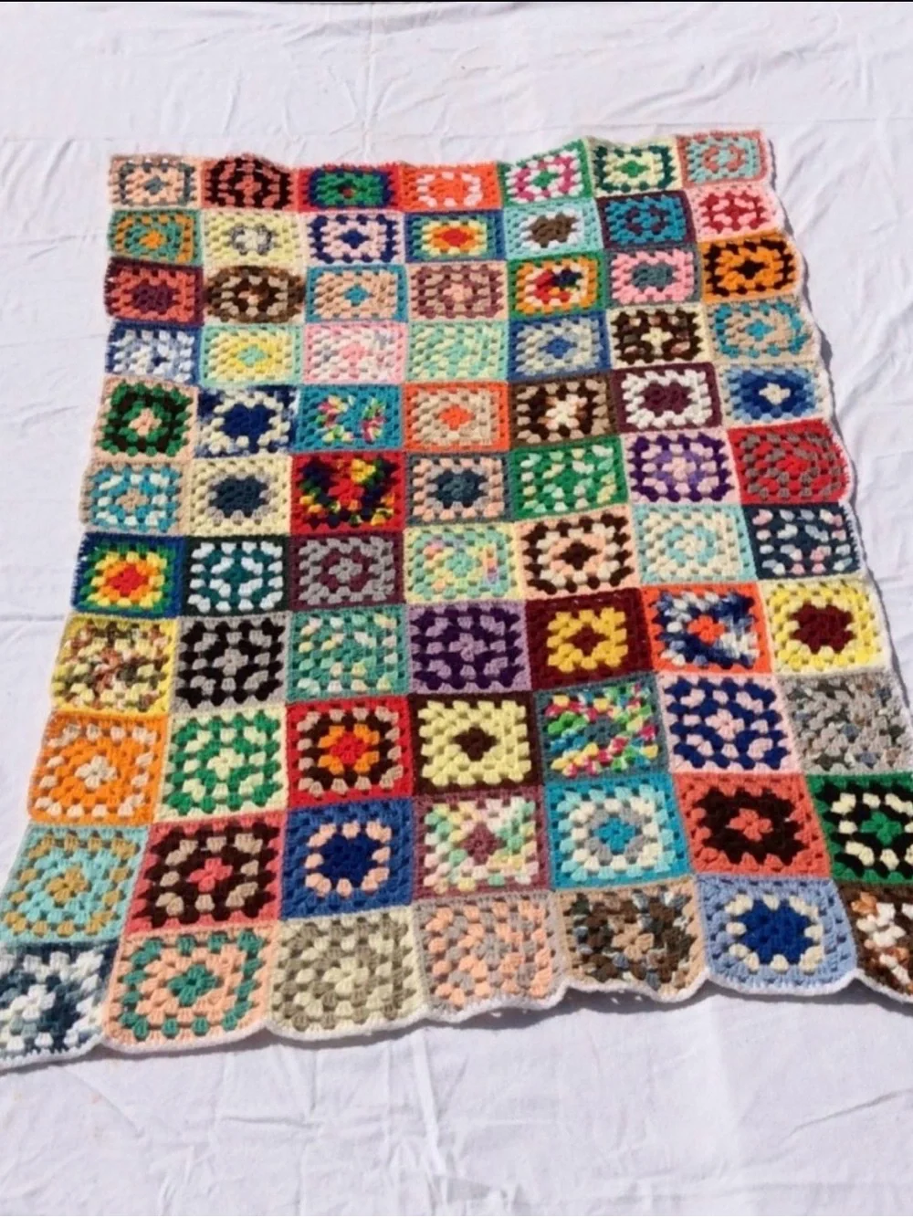 Vintage Handmade Colorful Crochet Granny Square Blanket